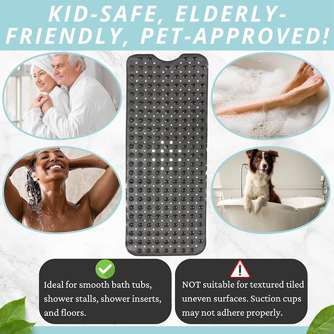 ENKOSI Bath Mat - Large Non Slip Bathtub & Shower Mat - Extra Long 40 x 16 Inch Bathroom Mats for Tub Nonslip Anti Slip Bathmats (40x16 Charcoal 1-Pack) | Charcoal color; Durable PVC; 40x16 in, Charcoal