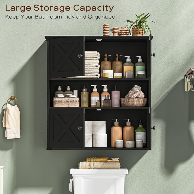 Vabches Bathroom Wall Cabinet, Farmhouse Medicine Cabinet with 4 Barn Doors, Large Wooden Vintage Storage Cabinet Wall Mounted for Bathroom, Kitchen, Black