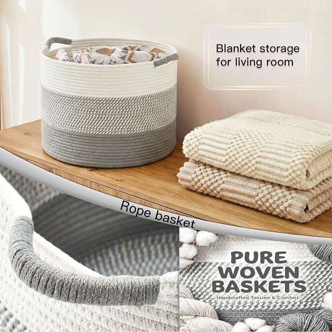 Artfeel 70L Large Cotton Rope Basket, Decorative Woven Blanket Storage for Living Room, Boho Toy Storage & Toy Box for Kids, Versatile Laundry Basket & Nursery Hamper for Blankets(Grey)