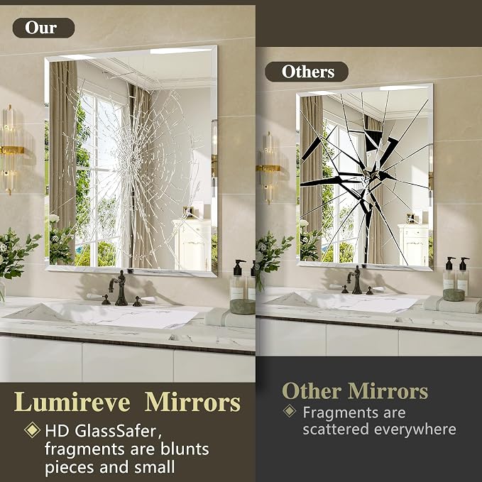Frameless Bathroom Mirror, 24" x 36" Beveled Wall Mirror | 5mm HD glass, 20mm beveled edge, frameless, anti-rust, shatterproof, french cleat, horizontally or vertically