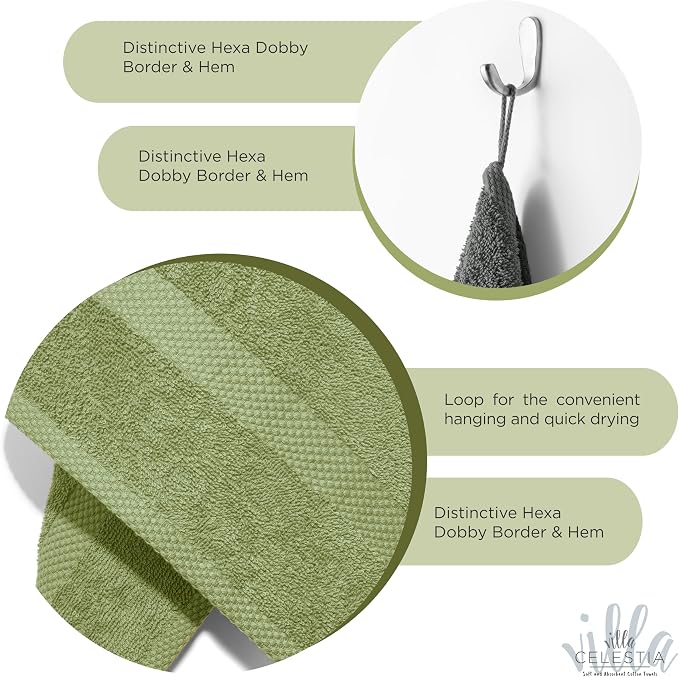 Villa Celestia 12-Piece 100% Cotton Towel Set, 4 Bath Towels, 4 Hand Towels, 4 Wash Cloth, Quick-Dry, Sage