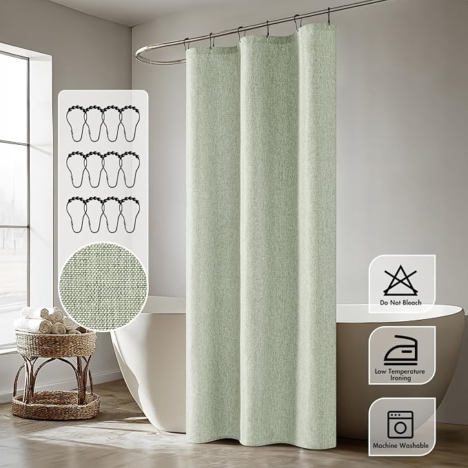 ANRODUO Sage Green Linen Textured Fabric Shower Curtain Set - W36xL72 | Farmhouse Shower Curtain with 6 Metal Hooks, Waterproof Heavy Duty, Button Hole Design, Machine Washable for Bathroom