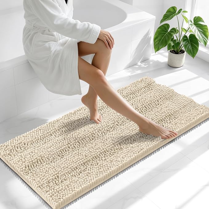 Smiry Thick Chenille Bathroom Runner Rugs 47x20, Absorbent Bath Mat, Sand | Quick‑Dry & Machine Washable, Non‑Slip Bath Carpet, Soft Striped Bath Rugs for Tub & Shower, Modern Home Decor Accessories