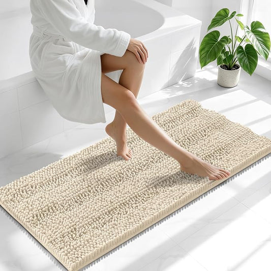 Smiry Thick Chenille Bathroom Runner Rugs 47x20, Absorbent Bath Mat, Sand | Quick‑Dry & Machine Washable, Non‑Slip Bath Carpet, Soft Striped Bath Rugs for Tub & Shower, Modern Home Decor Accessories