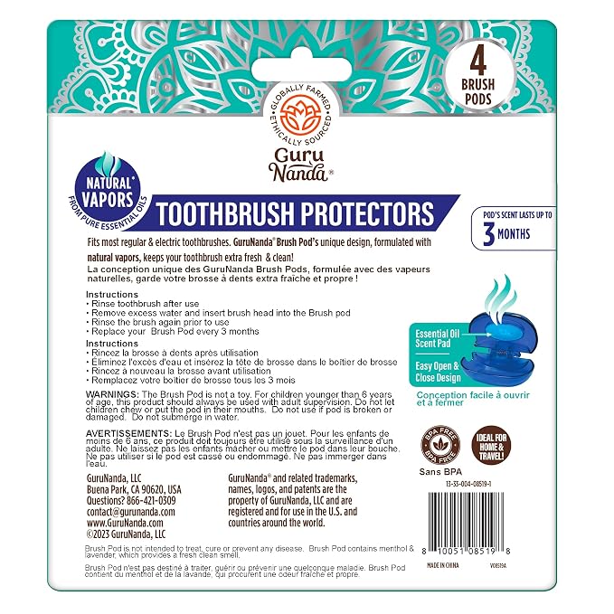 GuruNanda Brush Pods - Toothbrush Cover for Manual & Electric Toothbrush, Keeps Toothbrush Fresh & Clean, Travel Accessories with Natural Essential Oil Vapors, 8 Pack