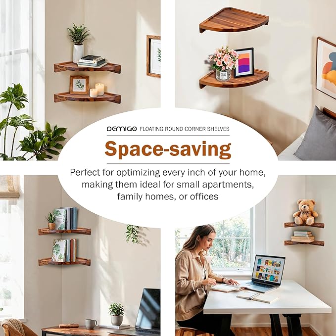 Demigo Round Floating Corner Shelves, Natural Acacia Wall Shelf, Set of 2 | Wall-Mounted Storage Shelves for Home Decor, Living Room, Kitchen, Office & Bedroom, Space-Saving Wood Display