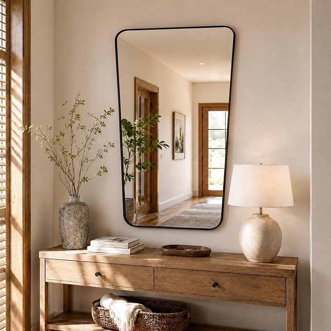Matte Black Tapered Rounded Rectangle Bathroom Mirror, 24x36 Inch | Aluminum alloy frame, soft trapezoid shape, tempered glass, reversible vertical keyhole mount