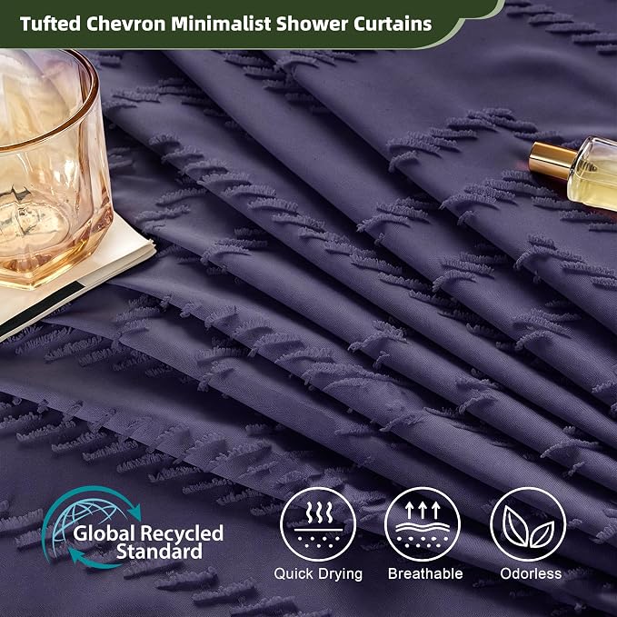 Siiluminisoy Extra Long Boho Shower Curtain, Woven Fabric 84 in Dark Purple, 72 x 84, Tufted Chevron Striped Modern Chic Textured Minimalist Bathroom Shower Curtain