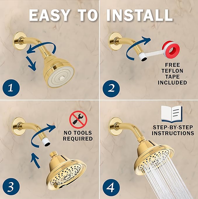 Massage Shower Head With Mist - 2.5 GPM - Polished Brass | High Pressure Boosting, 6 Function Adjustable Massaging Rainfall Showerhead For Low Flow Baths With Water Saving Nozzles