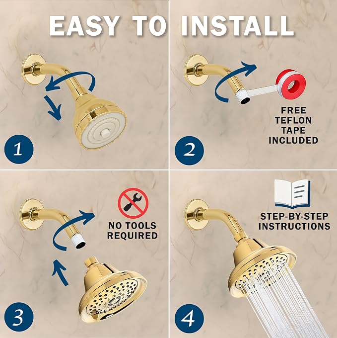 Massage Shower Head With Mist - 1.8 GPM - Polished Brass | High Pressure Boosting, 6 Function Adjustable Massaging Rainfall Showerhead For Low Flow Baths With Water Saving Nozzles
