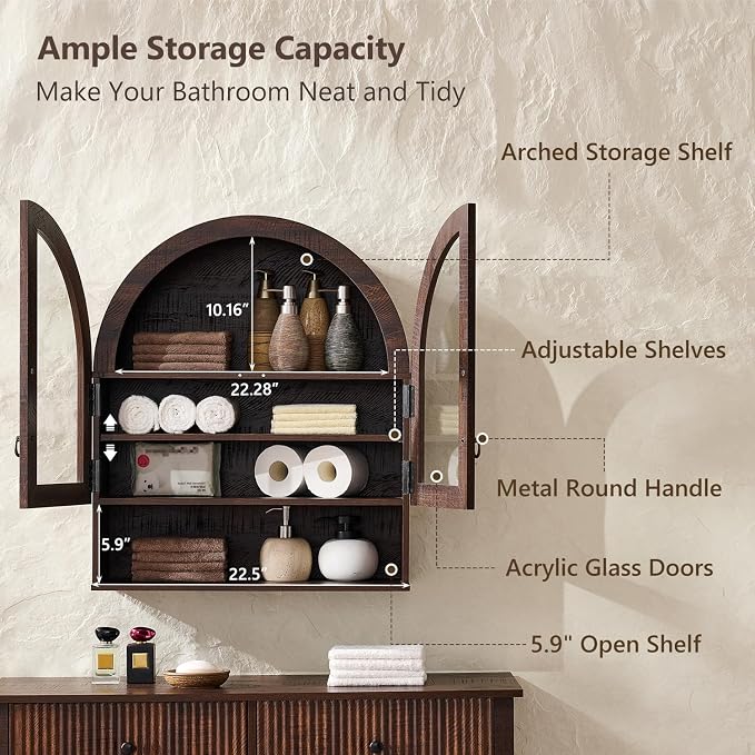 IFGET Bathroom Arched Wall Cabinet, 23.6'' Wide Medicine Cabinet with Adjustable Shelves & Glass Doors, Over The Toilet Storage Wall Mount Cabinet for Laundry Room, Kitchen & Living Room, Dark Walnut