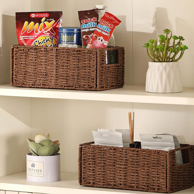 Wicker Storage Basket, Set of 2 Hand-Woven Paper Rope Wicker Basket, Small Storage Baskets for Organizing Toilet Paper Basket, Foldable Large Cube Storage Organizer Bins for Shelves (Brown)