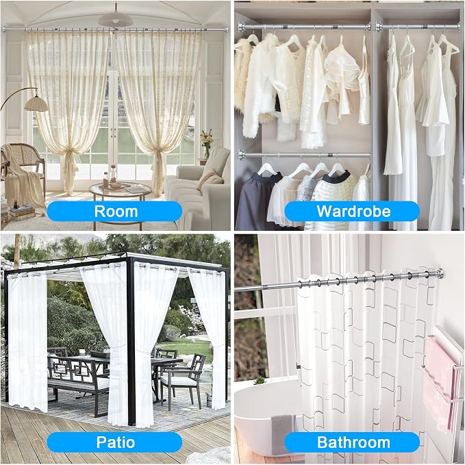TEECK Shower Curtain Rod, 32-92 inch Adjustable Spring Tension Curtain Rod, Never Rust Anti-Slip Shower Curtain Rod for Bathroom, No Drilling, Never Collapse, Easy to Use, Silver