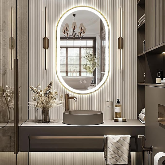Oval LED Bathroom Mirror, Backlit + Front Lit Mirror Old Gold Frame | 3 Color Dimmable, Anti-Fog, 40"x24", Memory Function, Shatter-Proof, HD Glass, Pill-Shaped Mirror, Vertical or Horizontal
