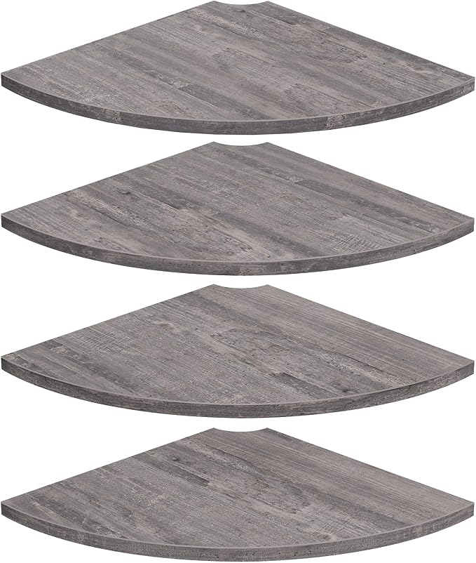 Corner Floating Shelves, Round Corner Shelf Wall Mount Set of 4 | Cord Hole, 12 Inch Wood Curved Corner Hanging Shelf for Cable Box, Speaker, TV Cords, Books, Plants, Rustic Grey