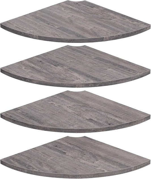 Corner Floating Shelves, Round Corner Shelf Wall Mount Set of 4 | Cord Hole, 12 Inch Wood Curved Corner Hanging Shelf for Cable Box, Speaker, TV Cords, Books, Plants, Rustic Grey