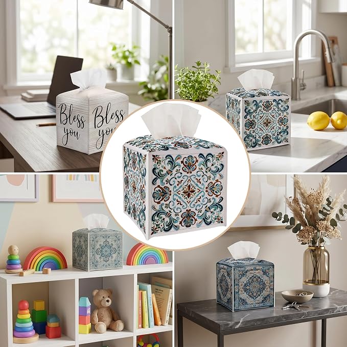 Tissue Box Cover Holder Square - Vintage Boho PU Leather Decorative Organizer, Ethnic Carpet Pattern Design Inspired, with Bottom Belt for Bathroom Car Office Tabletop Home, 5x5 Inch (Blue)