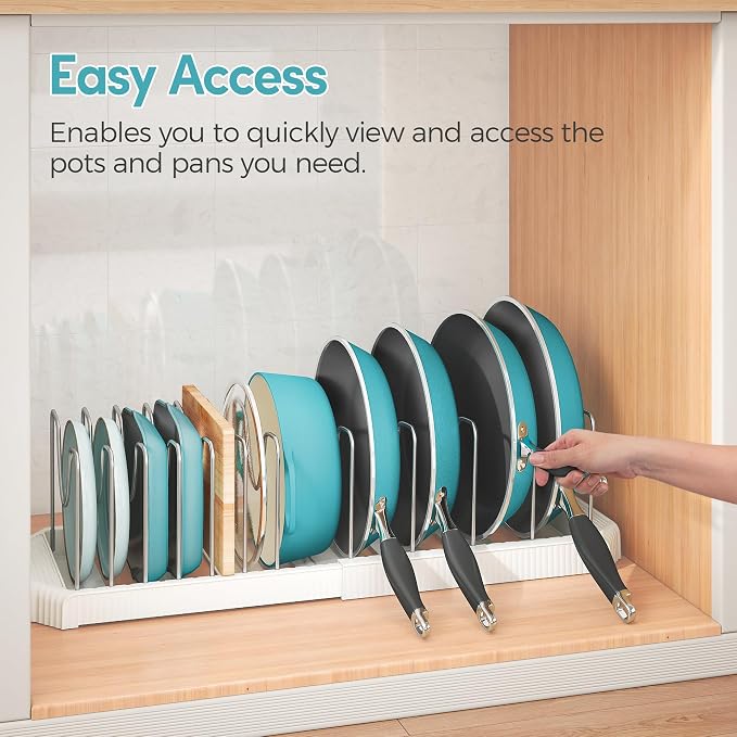 Expandable Pan Organizers Inside Cabinet with 12 Dividers White | Extends 12.9-21.9", Holds cookie sheets, cutting boards, pot lids and pans, iron dividers, plastic base, under cabinet rack