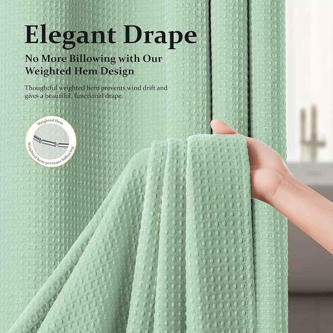 Waffle Shower Curtain 256 GSM Heavy Duty Fabric 72" x72 Mint Green | Thick Polyester Cloth, Weighted Hem, Water Repellent & Washable, Hotel Luxury Spa, Shower Curtain Set for Bathroom 12 Hooks