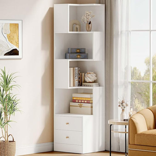 IRONCK Corner Bookshelf, 70.87" Tall Corner Bookcase with Drawers, White | 90° design saves space. 110 lb capacity. Corner Shelf Storage Display Rack for Living Room Home Office