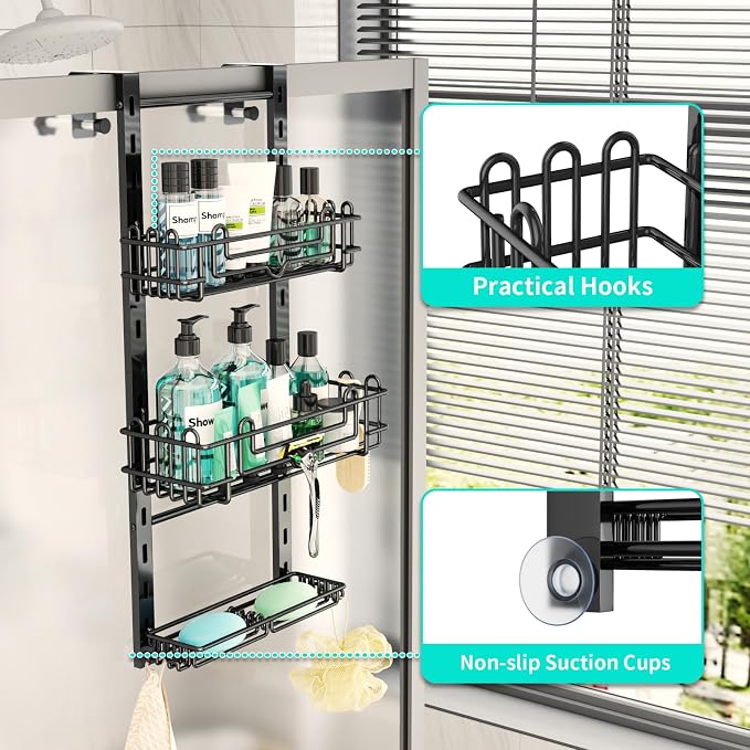 HapiRm 3 Tier Over the Door Shower Caddy, Hanging Shower Caddy with 16 Hooks and 2 Soap Holders, No Drilling Adjustable Hanging Bathroom Organizer - Black