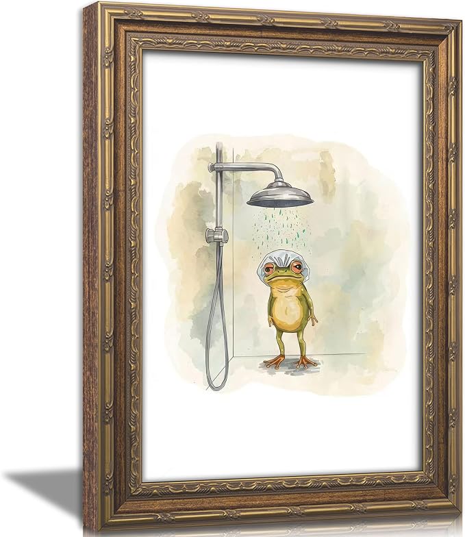 Vintage Gold Framed Bathroom Wall Art,Funny Frog Showering Canvas Prints,Humorous Bathroom Poster Artwork,Whimsical Watercolor Animal Wall Decor,for Restroom,Bathroom, Spa,Modern Artwork,9x11in