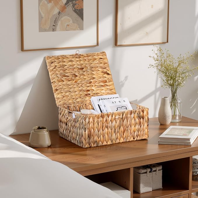 StorageWorks Extra Large Wicker Basket with Lid, Baskets for Shelves | Woven Baskets with Lids for Shelves, Wicker Storage Baskets with Lids, Decorative Box, Lidded Baskets for Organizing, 1 Pack