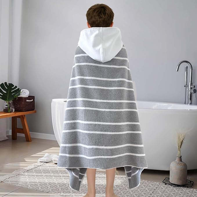 VOOVA & MOVAS Large Hooded Towels for Kids,6-12 Years,100% Cotton | 65X34 Inch,Gray White Stripe,Thick,Soft, Absorbent, Quick-Drying, Beach/Pool/Swim Essentials