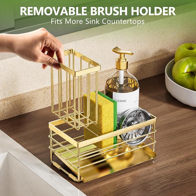Cisily Gold Sink Caddy Sponge Holder for Kitchen with Brush Holder and Stainless Steel Self Drain Tray, Rustproof Kitchen Sink Organizer for Sponge, Soap Dispenser Storage Accessories