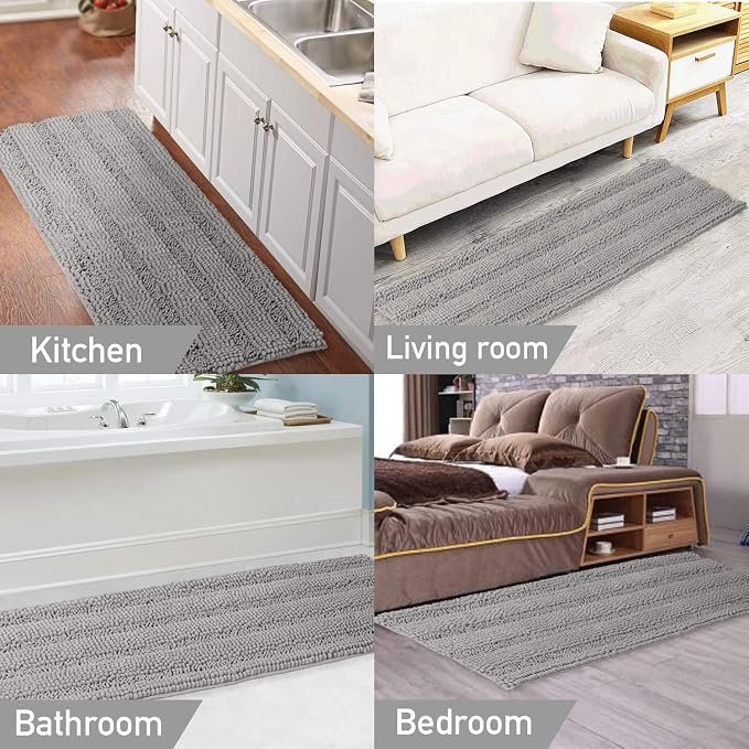 Turquoize Chenille Bath Rugs Shaggy Bathroom Rugs Non Slip Bath Rugs for Bathroom 58 x 20 Dove Gray, Striped Pattern Bath Rug Extra Soft and Absorbent Area Rug, 58"x20"Dove Gray, Striped Pattern