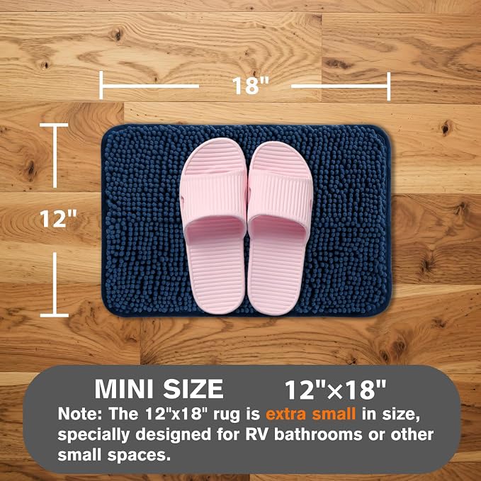 Small Bathroom Rug 12"x18" – Washable and Absorbent Bath Mat, Non Slip, Thick Soft Chenille Bath Rugs for Bathroom, Shower, Sink, Dog mat(Navy Blue)
