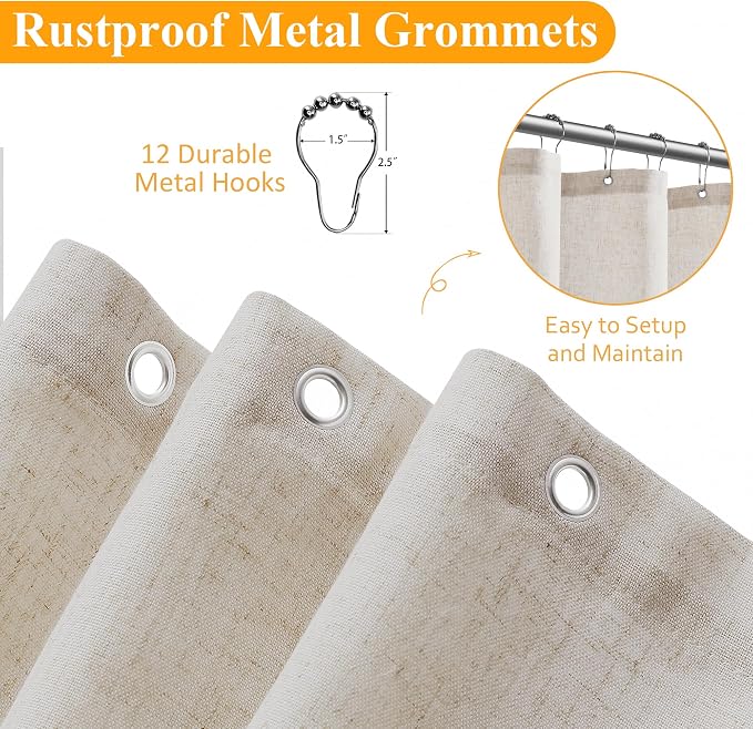 Extra Long Linen Shower Curtain 96 Inch Long for Bathroom Boho Farmhouse Fabric Shower Curtains Set with Hooks Neutral Cloth Modern Cottage Core Waterproof,Mousse White