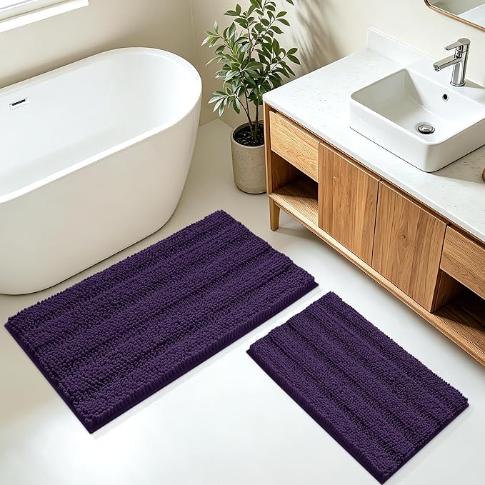 Striped Eggplant Purple Bathroom Rug Mat Set 2 piece 32"x20"+24"x17" Ultra Soft, Non Slip Chenille Bath Rugs, Absorbent Plush Shaggy Bath Mats for Bathroom, Bedroom, Kitchen, Shower, Tub