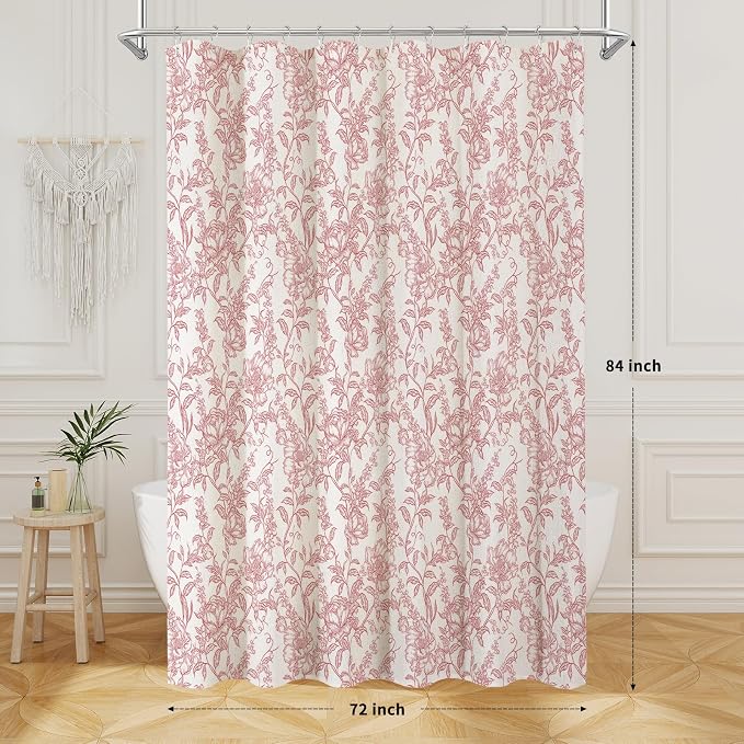 Pink Boho Linen Shower Curtain, Farmhouse Floral for Bathroom | Botanical floral print. Rustic farmhouse boho decor. Durable linen blend fabric. Machine washable for easy care. 72x84