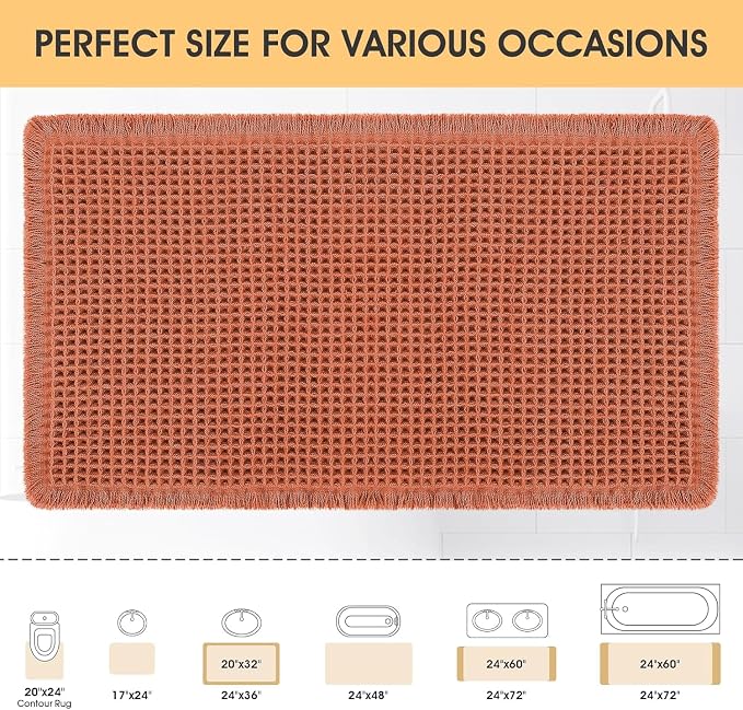 Waffle Bath Mat Burnt Orange 36"x24", Boho Woven Modern Bath Mat Rugs, Absorbent Non Slip Bathroom Rugs, Soft Washable Bath Rugs with Tassels for Bedroom, Kitchen, Shower, Tub