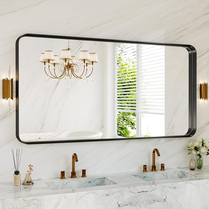 60X30 Inch Black Metal Large Matte Vanity Framed Bathroom Mirror for Wall | Rounded Rectangle Mirrors for Over Sink Wall, Modern Decorative for Restroom, Farmhouse, Horizontally or Vertically Hanging