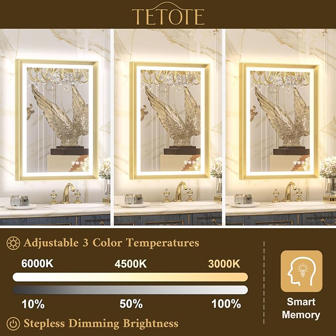 84x36 LED Bathroom Mirror with Lights Gold Frame Frontlit & Backlit Lighted Vanity Mirror Baroque Anti Fog Dimmable White/Warm/Natural,CRI90+,Waterproof,Wall Mounted(Horizontal/Vertical)