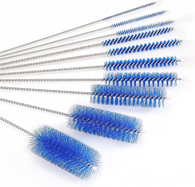 CiaraQ Bottle Cleaning Brushes, 8 Inch Nylon Tube Brush Set | Navy Blue Cleaner for Narrow Neck Bottles Cups with Hook, Set of 10pcs.