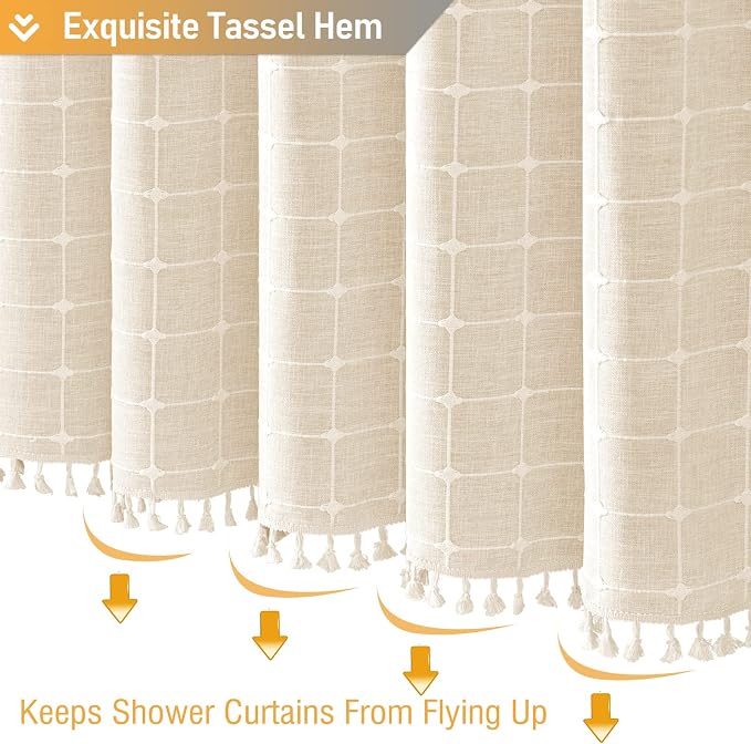 Beige Boho Farmhouse Linen Heavy Duty Shower Curtain Set, 72x72, Cream | 330GSM Linen Blend, Classic Plaid, 3-side Tassels, Water Repellent Fabric, 12 Plastic Hooks, Rustic Style, Machine Washable