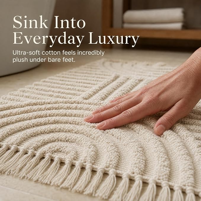 KIBAGA Beautiful Boho Rug with Tassels for Your Bathroom - Soft 2 x 3 ft. Cotton Rug Fits Perfectly Into Your Bath - Washable, Non-Slip Mat Ideal to Enhance Any Modern Home Decor, 24 x 36 inch