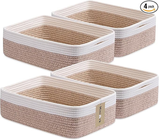 MiniArk Large Shallow Organizing Baskets 15x11x5.1 Inches - Rope Woven Storage Bins for Bathroom, Shelves, Cube Closet, White Mixed Brown 4 Packs