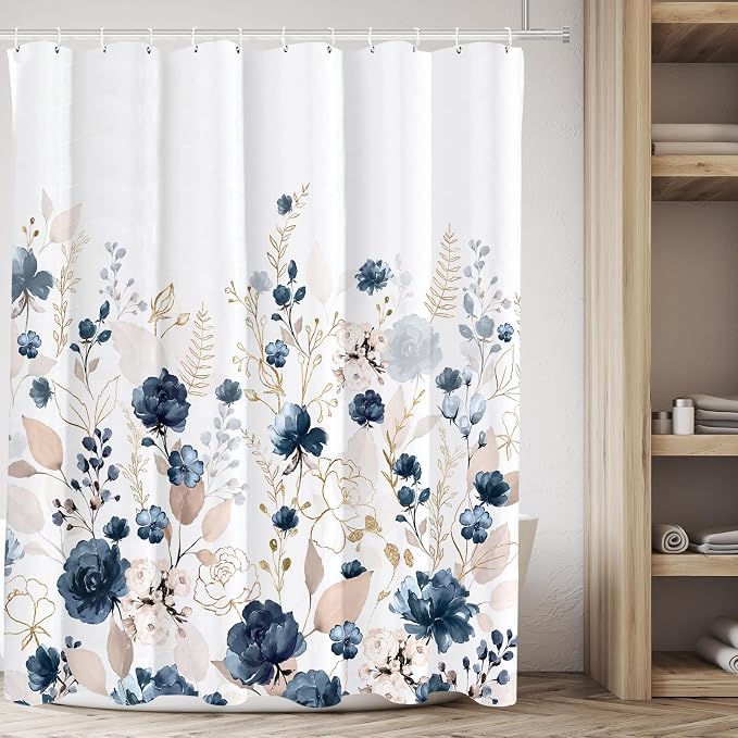 Tititex Aesthetic Navy Blue Floral Shower Curtain Sets, Watercolor Gold Flowers Leaves Bathroom Decorative 71x84 Inch Polyester Waterproof Fabric Bath Curtain with Hooks