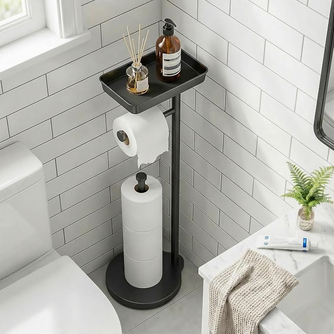 theaoo Toilet Paper Holder Stand with Shelf, Flushable Wipes Dispenser, Free Standing Toilet Tissue Roll Storage Rack Organizer for Bathroom (Black, Free Standing - with Storage)