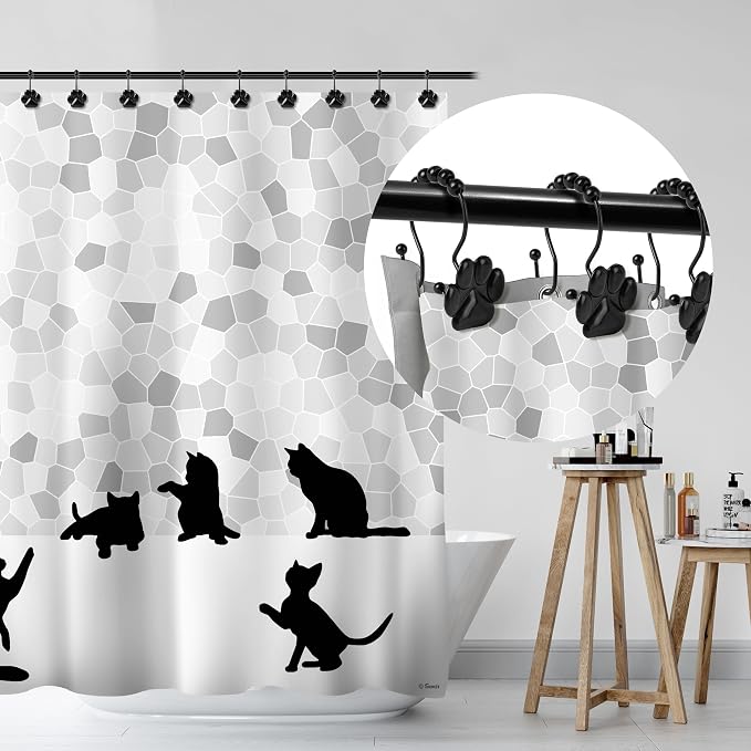 Sunlit Fashion Design Cute Paw Print Polished Double Shower Curtain Hooks for Dog Cat and Bear, Rust Proof Oil Metal Shower Curtain Rings, Black-12 Pack