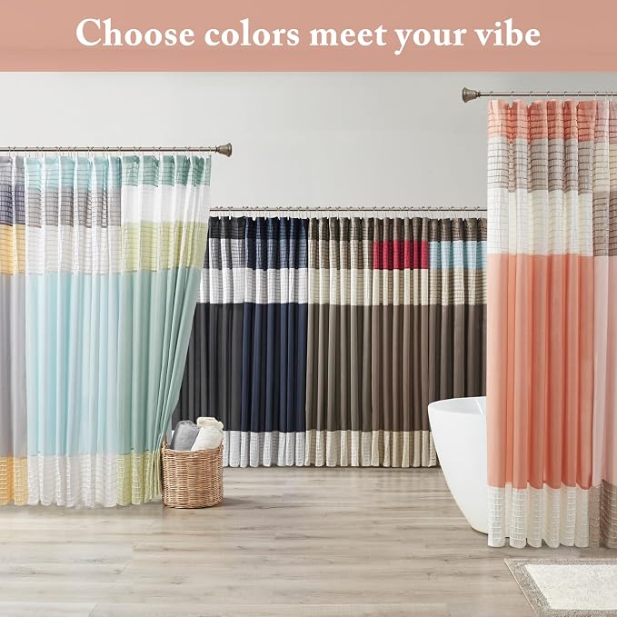 Madison Park Bathroom Shower Curtain, 72 x 84 Extra Long, Faux Silk, Coral | Modern Classic, Light Sheen, Pieced, Striped, Microfiber, Machine Washable, OEKO-TEX Certified, Amherst