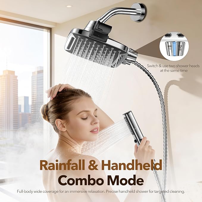 JDO High Pressure Rain Shower Head with Handheld Spray Silver | 7 Modes Dual Shower Head, 10-inch Rainfall Showerheads Combo, Detachable Hand Held Shower Wand, Power Jets, 71" Hose
