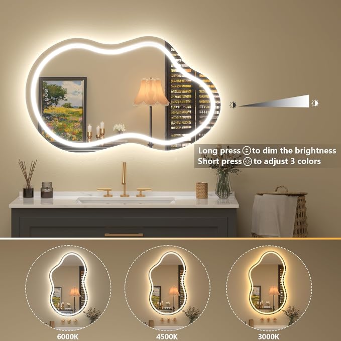 24x36 Inch Irregular Cloud LED Lighted Vanity Mirror | Asymmetrical LED Bathroom Mirror, Backlit and Front Lights, Anti-Fog, Dimmable, 3 Colors, Memory (Horizontal/Vertical)