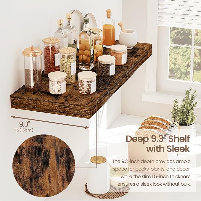 Vivelove Floating Shelves 9 inch Deep 24”Long Set of 2, Rustic Brown | Easy Install With Hardware, 1.5" Thick, Invisible Brackets, Wall Mounted, No Sagging, For Any Room