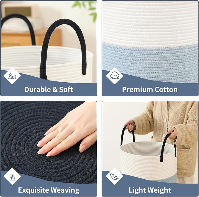 Laundry Basket Hamper Tall Rope Storage Woven for Blanket toys Dirty Clothes in Living Room Bathroom Bedroom (Gradient Blue, 80L/21.3Gal)