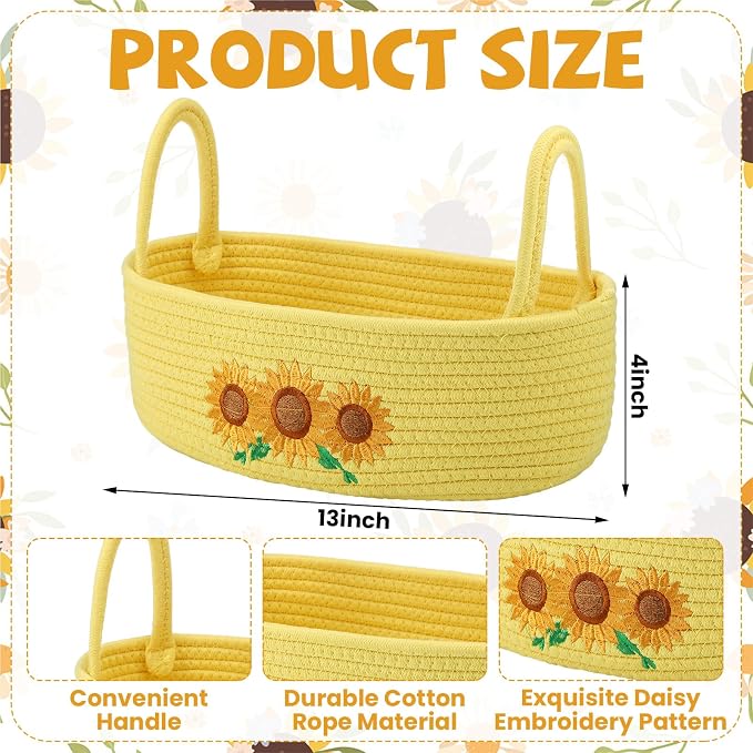 Vesici Sunflower Basket Yellow Woven Cotton Rope Bathroom Organizer | Boho Decor for Toilet Tank Top, Nursery Toys, Bedroom Countertop, Woven Organizer with Handles, 13x6x4 Inch